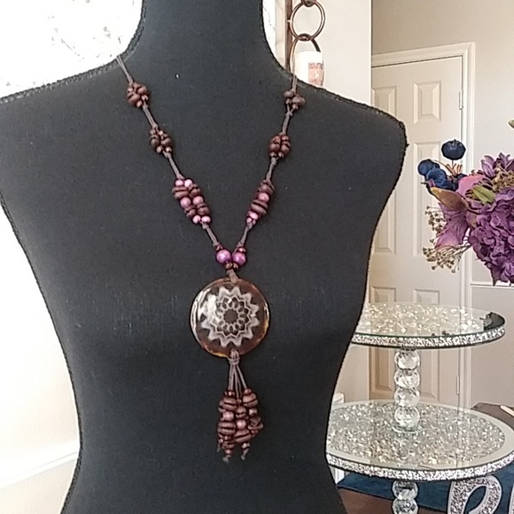 Coffee Bean Necklace With Floral Disk Pendant - Picture 10 of 17